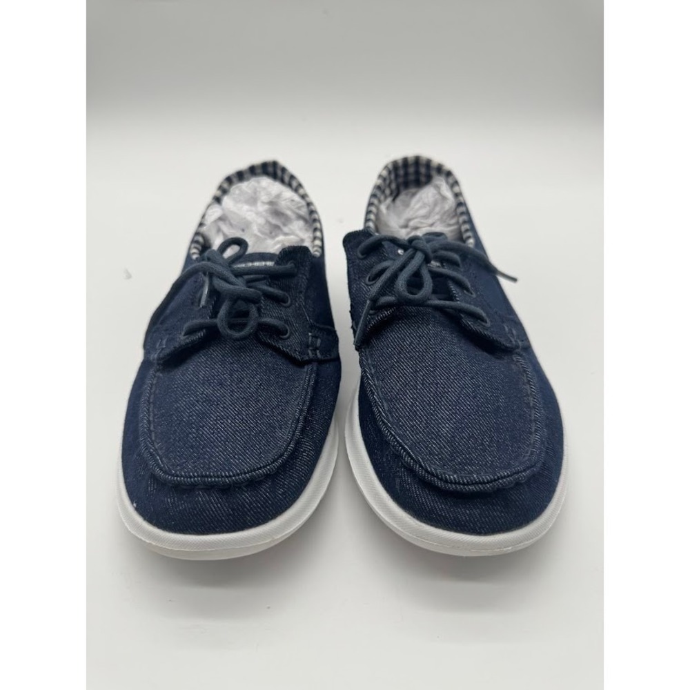 Skechers On-The-Go Womens 7 Navy Denim Gingham Boat Shoes Goga Max Loafers